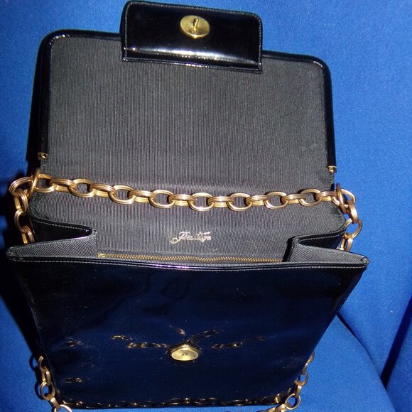 Prestige mod 1960’s black patent leather shoulder bag purse chunky gold chain - Picture 5 of 16